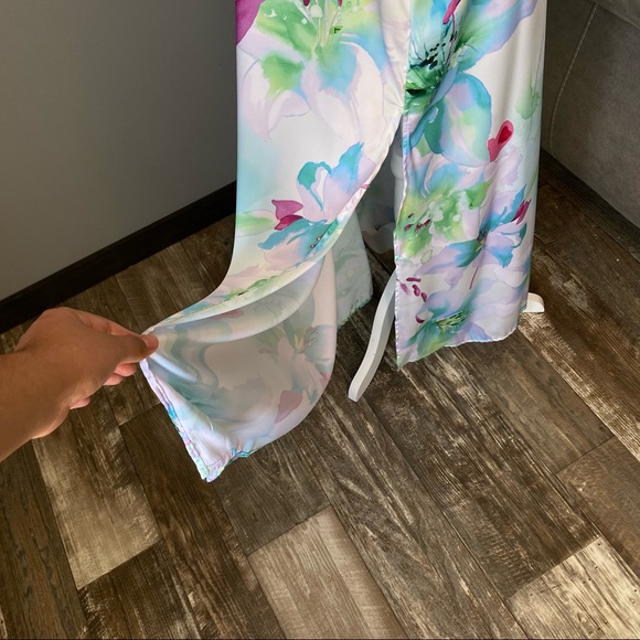 NICOLE MILLER spaghetti adjusted surplice neck open leg floral print satin sz XS - Picture 9 of 17